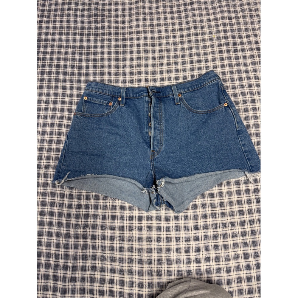 Levis 501 Original Cut Off Denim Shorts Medium Wash Blue Button Fly Womens W34